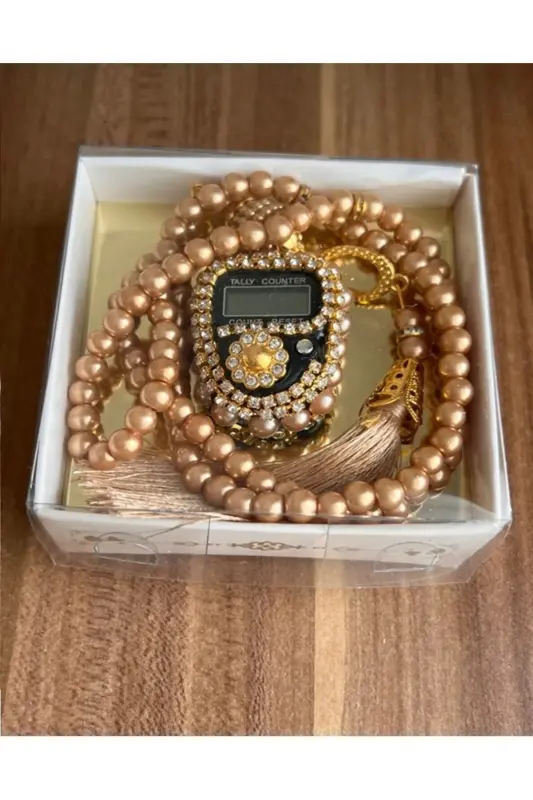 Stone Zikirmatik and Pearl Rosary Set Gift Zikirmatik Counter-Orange - ÇEYIZLIK SETIM