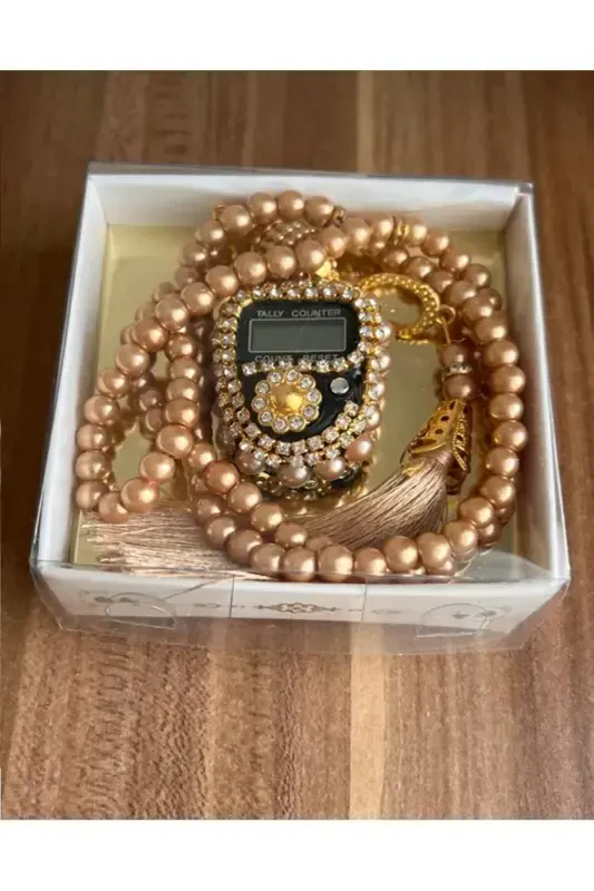 Stone Zikirmatik and Pearl Rosary Set Gift Zikirmatik Counter-Orange - 1