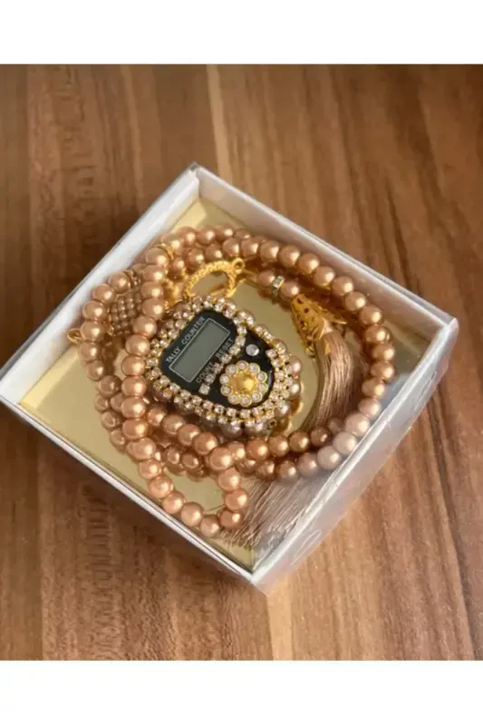 Stone Zikirmatik and Pearl Rosary Set Gift Zikirmatik Counter-Orange - 2