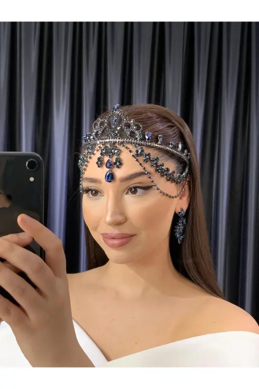 STONED HEADBAND BRIDE WEDDING ENGAGEMENT HENNA HEADBAND-NAVY BLUE - 1