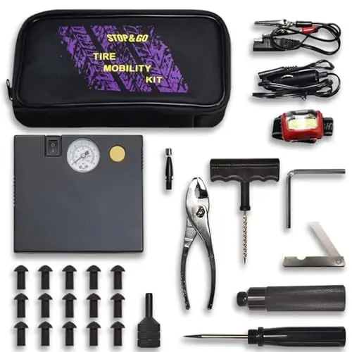Stop & Go 5001 24 Piece Tubeless Mushroom Plug Tire Mobility Repair Kit & Air Compressor for Punctures & Flats on Car, Trucks, Trailers, & ATV (15 Plugs) - STOP