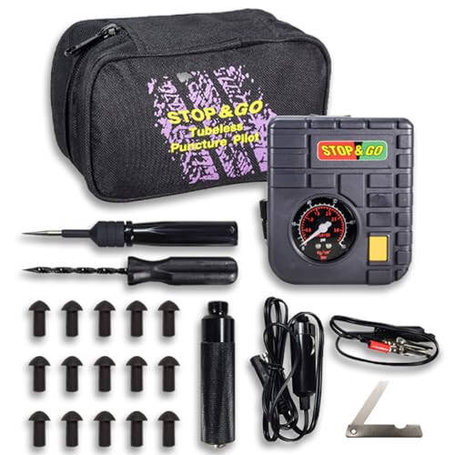 Stop & Go 6000 24 Piece Tubeless Puncture Pilot Tire Repair Kit & Air Compressor for Flats on Motorcycle, Scooter, ATV, UTV, Golf Cart, & Mower (15 Plugs) - 1