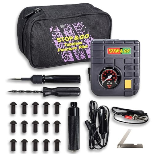 Stop & Go 6000 24 Piece Tubeless Puncture Pilot Tire Repair Kit & Air Compressor for Flats on Motorcycle, Scooter, ATV, UTV, Golf Cart, & Mower (15 Plugs) - Stop & Go