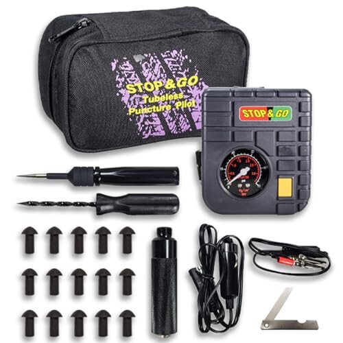 Stop & Go 6000 24 Piece Tubeless Puncture Pilot Tire Repair Kit & Air Compressor for Flats on Motorcycle, Scooter, ATV, UTV, Golf Cart, & Mower (15 Plugs) - 1