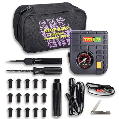 Stop & Go 6000 24 Piece Tubeless Puncture Pilot Tire Repair Kit & Air Compressor for Flats on Motorcycle, Scooter, ATV, UTV, Golf Cart, & Mower (15 Plugs) - 1