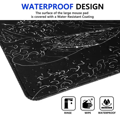 STOPER'T Japanese Sea Wave Large Gaming Mouse Pad, Black Anime Extended XL Computer Mousepad with Stitched Edges and Non-Slip Rubber Base, 31.5x11.8 inch, 1lb, 3mm Thick Desk Mat Keyboard Pad Desk Pad - 5