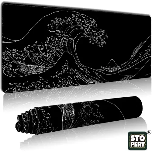 STOPER'T Japanese Sea Wave Large Gaming Mouse Pad, Black Anime Extended XL Computer Mousepad with Stitched Edges and Non-Slip Rubber Base, 31.5x11.8 inch, 1lb, 3mm Thick Desk Mat Keyboard Pad Desk Pad - STOPERT (1)