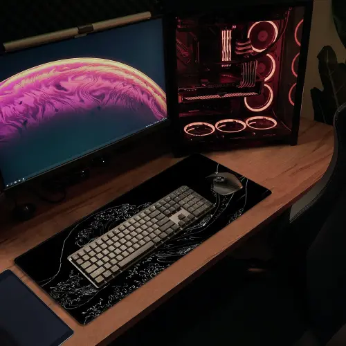 STOPER'T Japanese Sea Wave Large Gaming Mouse Pad, Black Anime Extended XL Computer Mousepad with Stitched Edges and Non-Slip Rubber Base, 31.5x11.8 inch, 1lb, 3mm Thick Desk Mat Keyboard Pad Desk Pad - 10