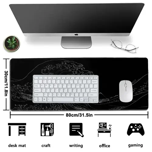 STOPERT Japanese Sea Wave Large Gaming Mouse Pad, Black Anime Extended XL Computer Mousepad with Stitched Edges and Non-Slip Rubber Base, 31.5x11.8 inch, 1lb, 3mm Thick Desk Mat Keyboard Pad Desk Pad-JAPANESESEAWAVE - 6