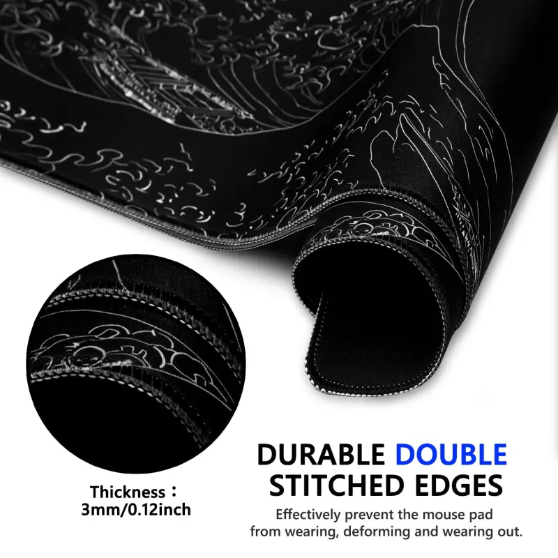 STOPER'T Yaponiya Dengiz To'lqini Katta O'yin Sichqoncha Pad, Qora Anime Kengaytirilgan XL Kompyuter Sichqoncha Pad, Tikilgan Qirralari va Sirpanmaydigan Rezina Tagligi, 31.5x11.8 dyuym, 1lb, 3mm Qalin Stolda Paspas Klaviatura Paspas Stolda Paspas - 7