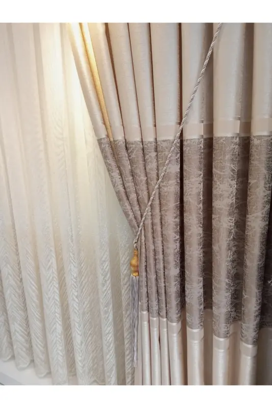 Шторы блэкаут 100x260 см, кремово-коричневые, двойные, с панелью (в комплекте бракол) - 3