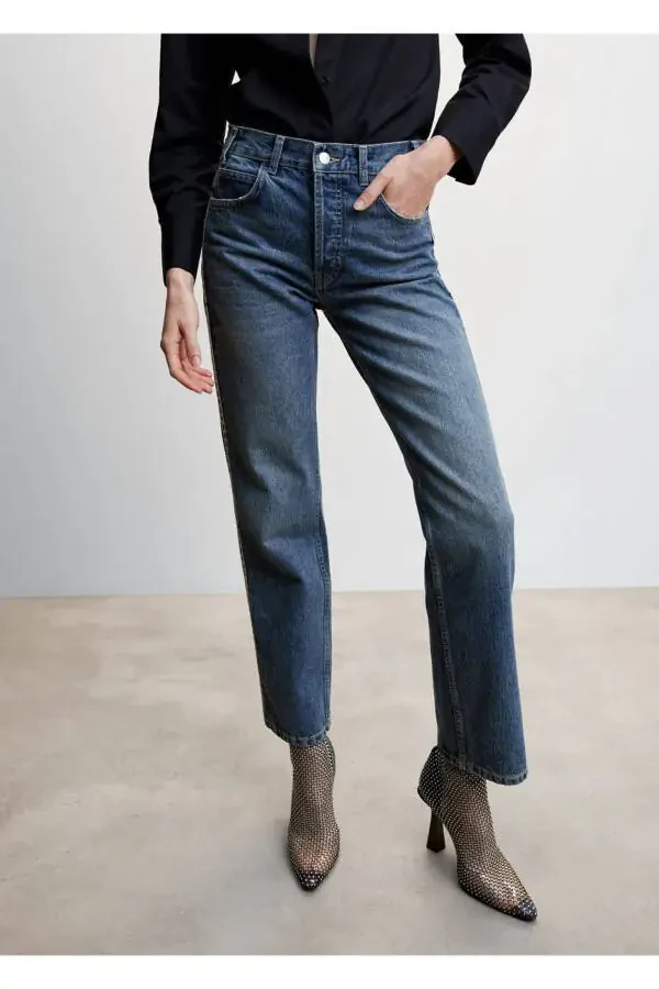 Straight Cut Denim with Crystal Detail on Sides - 1