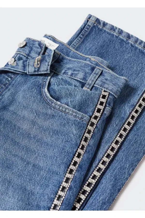 Straight Cut Denim with Crystal Detail on Sides - 6