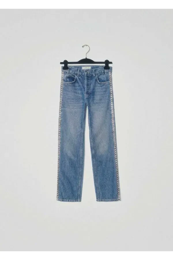 Straight Cut Denim with Crystal Detail on Sides - 7