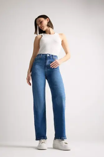 Straight Fit High Waist Ankle Length Jean Wash Effect Pants-Dark Blue - 1