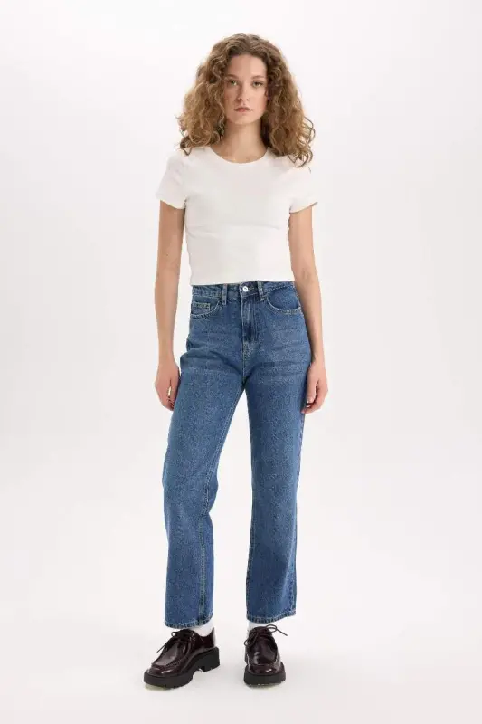 Straight Fit High Waist Ankle Length Jean Wash Effect Pants-Dark Blue - 3