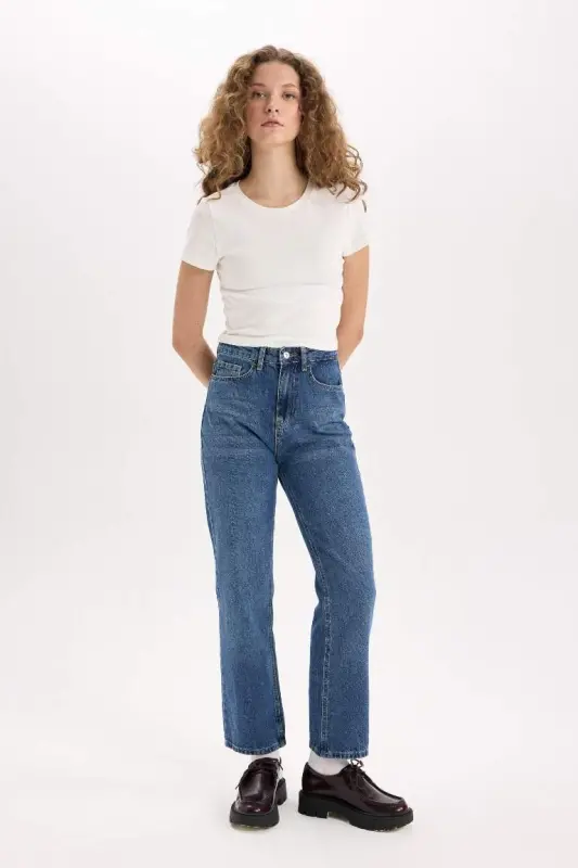 Straight Fit High Waist Ankle Length Jean Wash Effect Pants-Dark Blue - 4