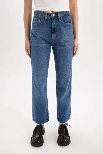 Straight Fit High Waist Ankle Length Jean Wash Effect Pants-Dark Blue - 5