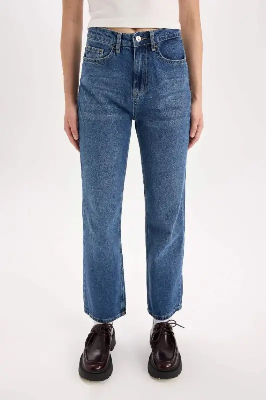 Straight Fit High Waist Ankle Length Jean Wash Effect Pants-Dark Blue - 5