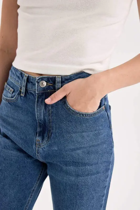 Straight Fit High Waist Ankle Length Jean Wash Effect Pants-Dark Blue - 6