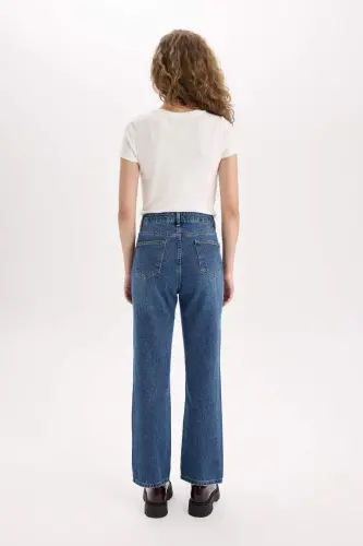 Straight Fit High Waist Ankle Length Jean Wash Effect Pants-Dark Blue - 7