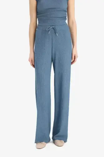 Straight Fit Pocketed Crinkle Trousers-Light Indigo - 4