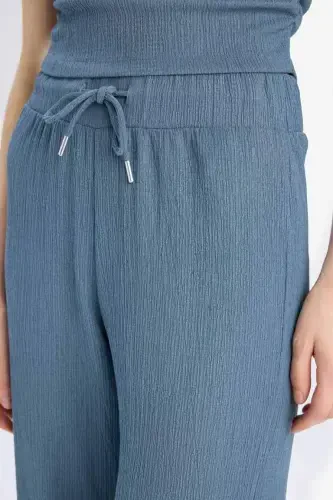 Straight Fit Pocketed Crinkle Trousers-Light Indigo - 5