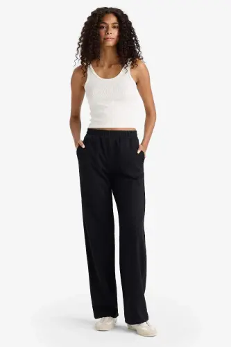 Straight Fit Pocketed Elastic Waist Sweatpants-Black - 1
