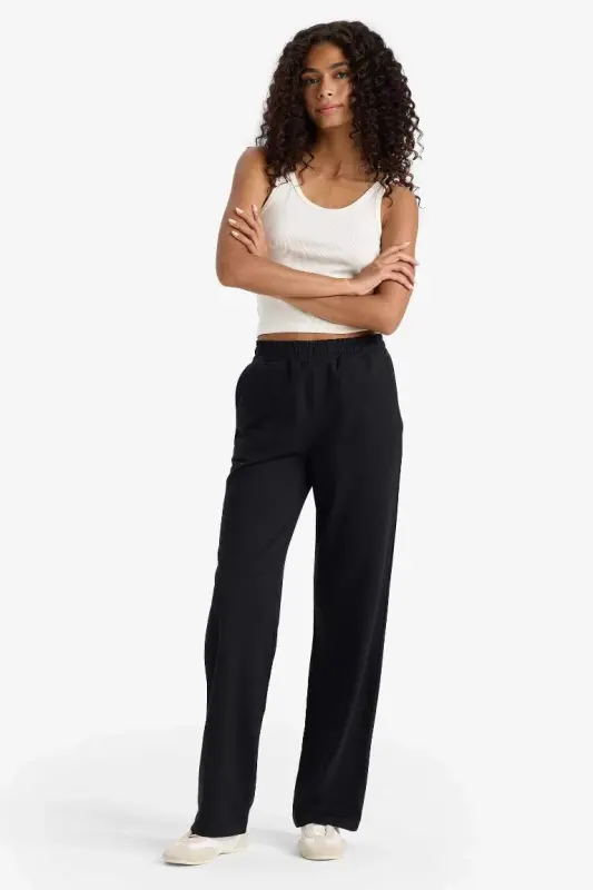 Straight Fit Pocketed Elastic Waist Sweatpants-Black - 2