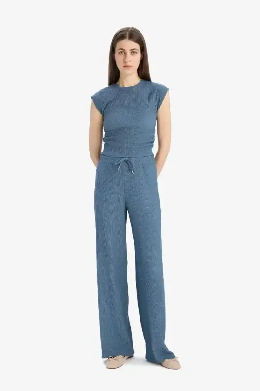 Straight Fit Pocketed Seersucker Trousers-Light Indigo - 3