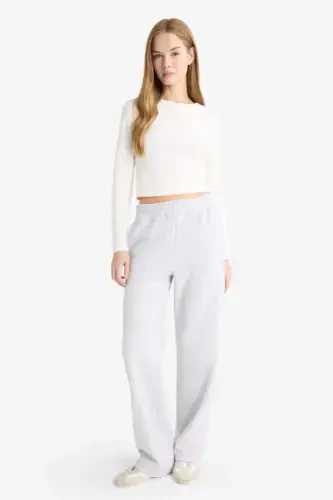 Straight Fit Thick Sweatpants with Pockets High Waist-Gray Melange - 2