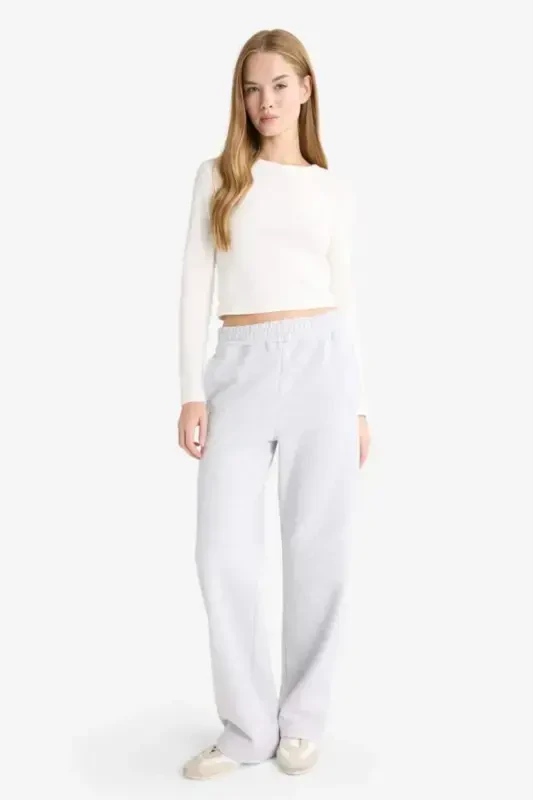 Straight Fit Thick Sweatpants with Pockets High Waist-Gray Melange - 2