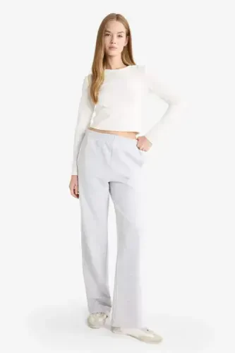 Straight Fit Thick Sweatpants with Pockets High Waist-Gray Melange - 3