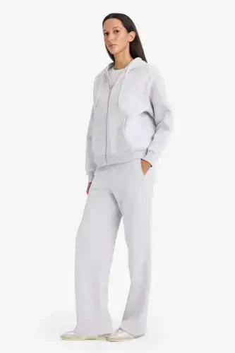 Straight Fit Thick Sweatpants with Pockets High Waist-Gray Melange - DEFACTO (1)