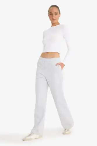 Straight Fit Thick Sweatpants with Pockets High Waist-Gray Melange - DEFACTO (1)