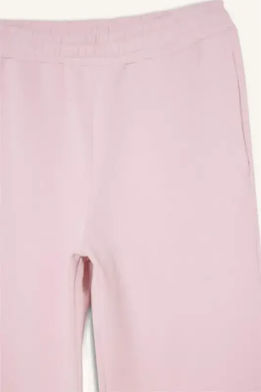 Straight Fit Thick Winter Sweatpants with Pockets, Elastic Waist, Basic Plain High Waist Wide Baggy Leg - Light Pink - 2
