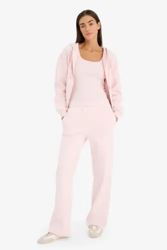 Straight Fit Thick Winter Sweatpants with Pockets, Elastic Waist, Basic Plain High Waist Wide Baggy Leg - Light Pink - 1