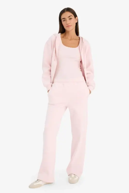 Straight Fit Thick Winter Sweatpants with Pockets, Elastic Waist, Basic Plain High Waist Wide Baggy Leg - Light Pink - 1