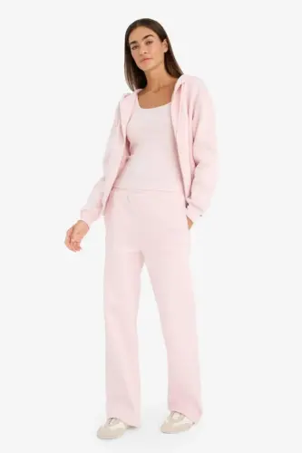 Straight Fit Thick Winter Sweatpants with Pockets, Elastic Waist, Basic Plain High Waist Wide Baggy Leg - Light Pink - DEFACTO (1)