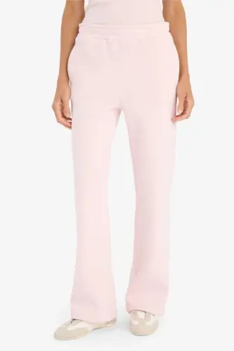 Straight Fit Thick Winter Sweatpants with Pockets, Elastic Waist, Basic Plain High Waist Wide Baggy Leg - Light Pink - 3