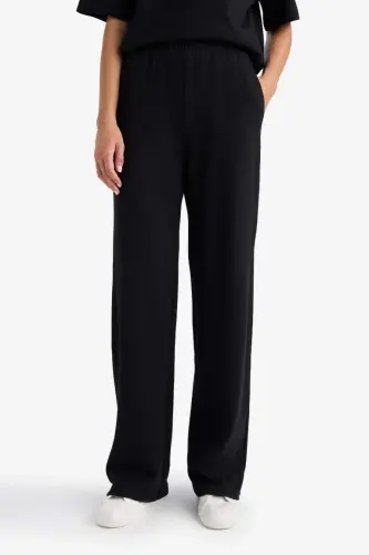 Straight Fit Wide Leg Basic Plain Pocket Sweatpants-Black - 4