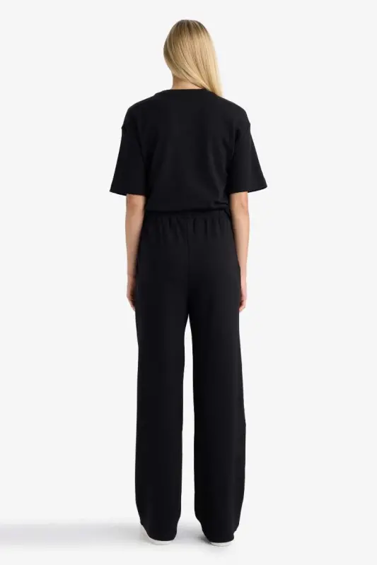 Straight Fit Wide Leg Basic Plain Pocket Sweatpants-Black - 6