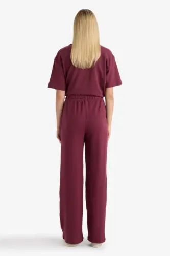Straight Fit Wide Leg Basic Plain Pocket Sweatpants-Burgundy 