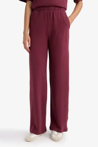 Straight Fit Wide Leg Basic Plain Pocket Sweatpants-Burgundy - 5