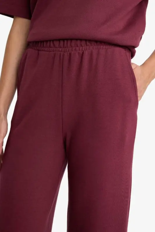 Straight Fit Wide Leg Basic Plain Pocket Sweatpants-Burgundy - 6
