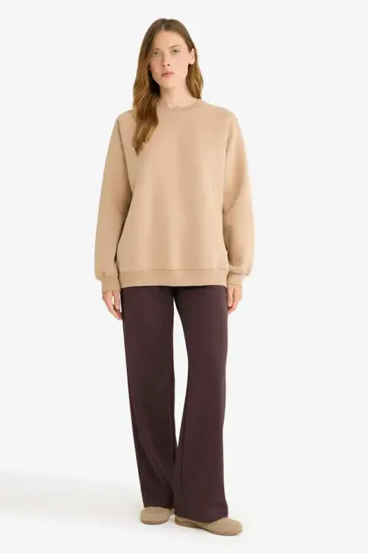 Straight Fit Wide Leg Basic Plain Pocket Sweatpants-Coffee - 2