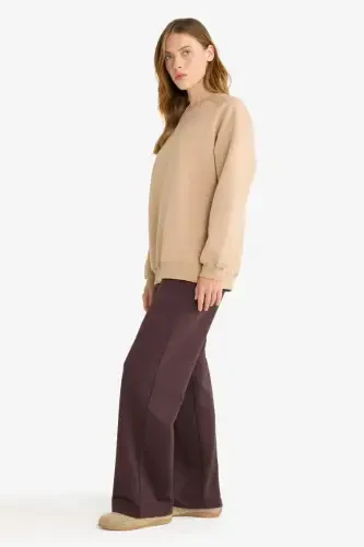 Straight Fit Wide Leg Basic Plain Pocket Sweatpants-Coffee - 4