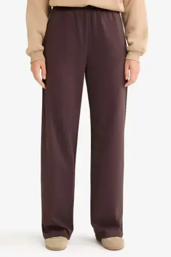 Straight Fit Wide Leg Basic Plain Pocket Sweatpants-Coffee - 5