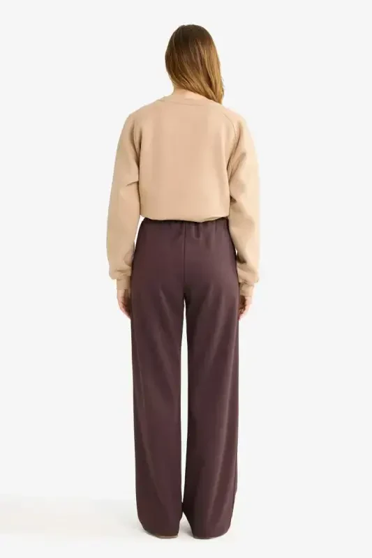 Straight Fit Wide Leg Basic Plain Pocket Sweatpants-Coffee - 7