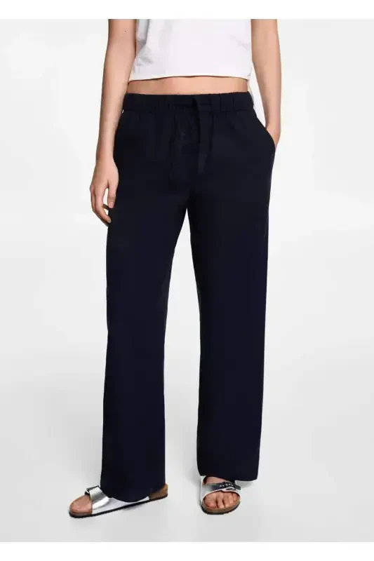Straight leg linen pants - Navy Blue - 6